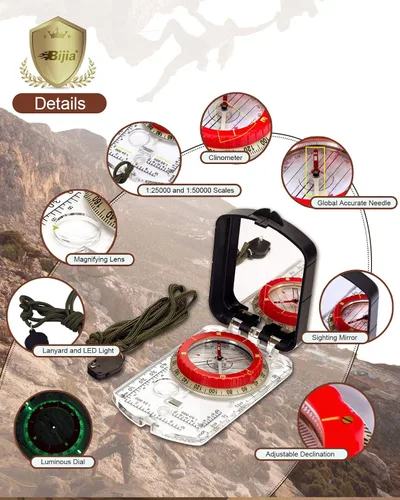 Vista 2 de Brújula de campo con espejo para mapas BIJIA - Brújula con espejo de declinación ajustable, clinómetro y luz LED para senderismo, camping