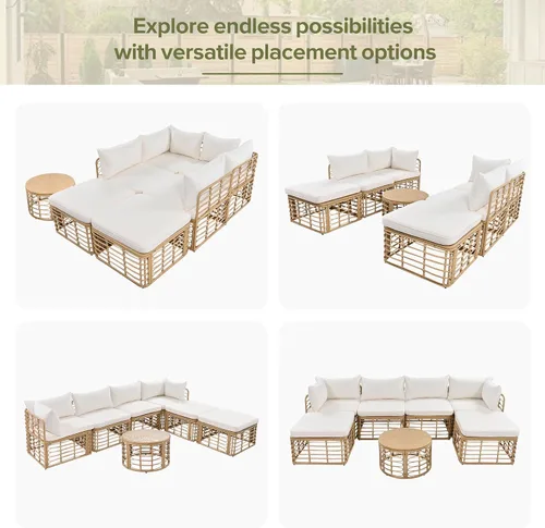 Vista 6 de Juego de 7 muebles de patio al aire libre, juego de sofá modular de ratán para todo tipo de clima con cojines gruesos y almohadas, mesa de centro