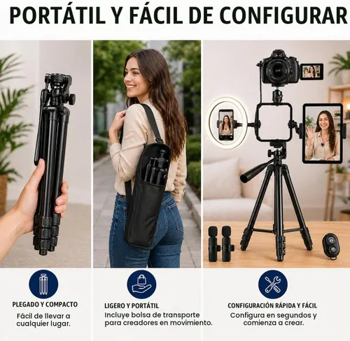 Vista 7 de Acuvar Kit de vlogging con trípode de luz de anillo – Kit de creación de contenido para iPhone, Android y tabletas, micrófono, control remoto