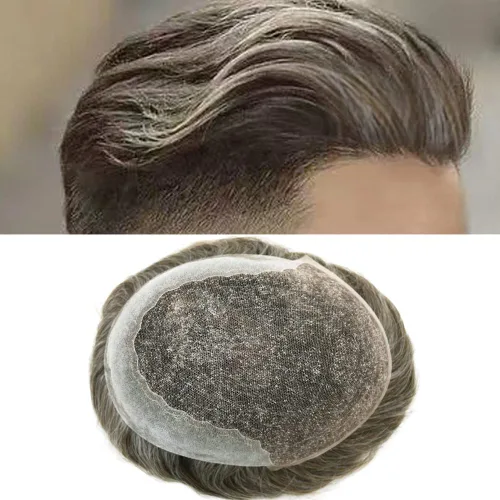 Vista 16 de Toupee para hombres pieza de pelo suave suizo encaje real sistema de cabello humano reemplazo blanqueado nudo mens tupé sistema de pelo para hombres
