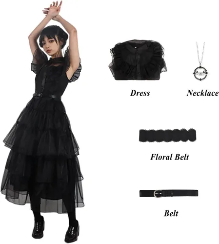 Vista 5 de HNZQE Disfraz de miércoles para mujer, vestido gótico negro, cosplay, cuervo, baile, falda de encaje de tul, traje de fiesta de Halloween para niña