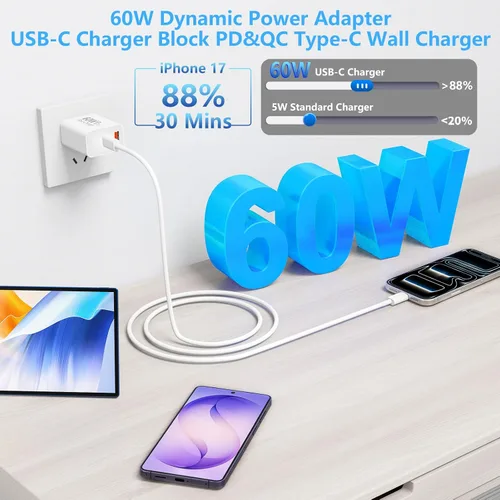 Vista 4 de Apple MFi Certified iPhone 17 Charger Fast Charging 4Pack 60W USB C Charger