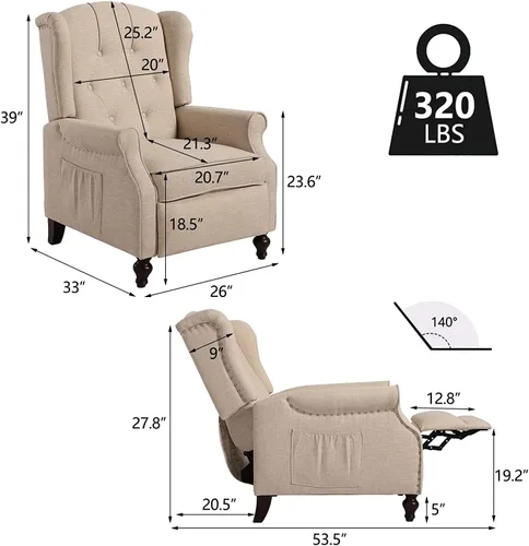 Vista 2 de Silla Wingback con masaje y calor, silla reclinable de tela copetuda, silla reclinable con respaldo de ala con control remoto, cojín acolchado