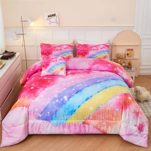 Vista 12 de ANGIYUIN - Juego de edredón infantil de gradiente arcoíris púrpura profundo, 6 piezas, ropa de cama con purpurina brillante para niñas, juego