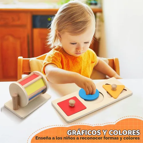 Vista 5 de Sratte Juego de 3 juguetes de madera para bebé, caja de permanencia de objetos, tambor arcoíris, juguetes coloridos de rompecabezas de múltiples