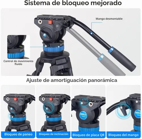 Vista 5 de SIRUI AM-25S Trípode de Video, 74.8" Trípode Profesional de Servicio Pesado con Cabezal Fluido de Amortiguación Ajustable para Videocámara, Cámaras