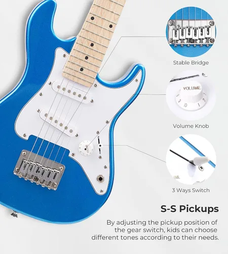 Vista 2 de Guitarra eléctrica para niños Vangoa de 30 pulgadas, kit para principiantes para jóvenes músicos con amplificador, bolsa, correa, cuerdas Azul