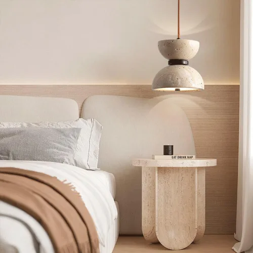 Vista 3 de Lámpara colgante de mármol con forma de reloj de arena nórdico, luz cálida de 3000 K, lámpara colgante colgante de travertino Wabi-Sabi, lámpara