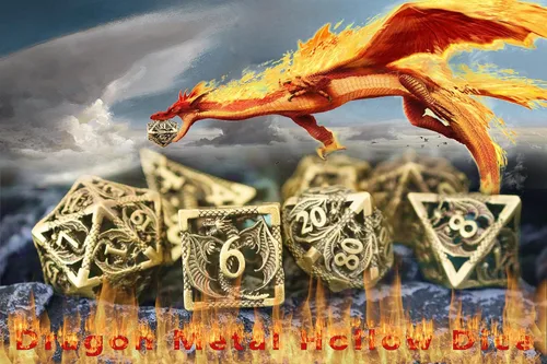 Vista 3 de Juego de dados de metal DND Dungeons and Dragon, juego de dados huecos poliédricos de dragón mágico de 7 piezas con caja de metal de regalo