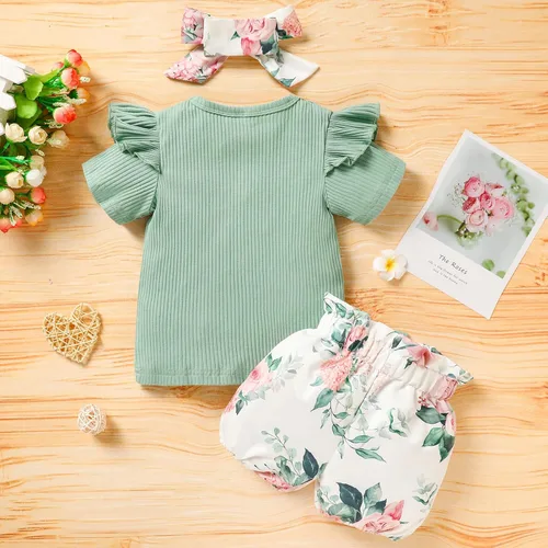 Vista 2 de Trajes florales para niñas y niñas, promovido a hermana mayor, camisa de manga corta + pantalones cortos con lazo floral + diadema, 3 piezas de ropa