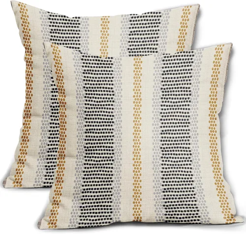 Vista 11 de Juego de 2 fundas de almohada negras y azules con rayas de puntos grises, decorativas para exteriores, estilo boho rústico, para sofá, cama, cojín