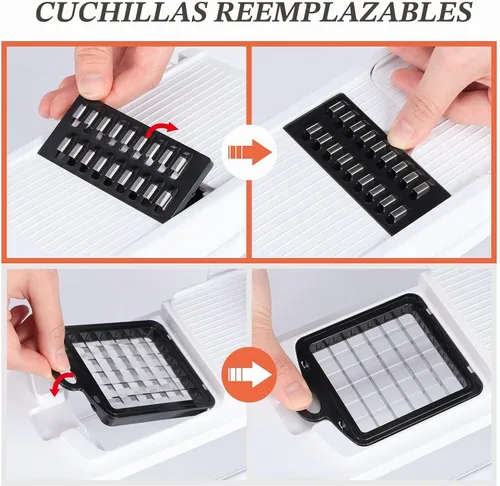 Vista 5 de KEOUKE Cortador de verduras de mandolina pro - Cortador de alimentos con 16 cuchillas intercambiables con recipiente, protector manual y escurridor