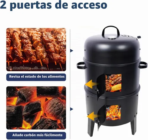 Vista 7 de Ahumador vertical de carbón de 16 pulgadas, mini parrilla de barbacoa, hoguera, 3 en 1 con termómetro integrado, ventilación de aire ajustable