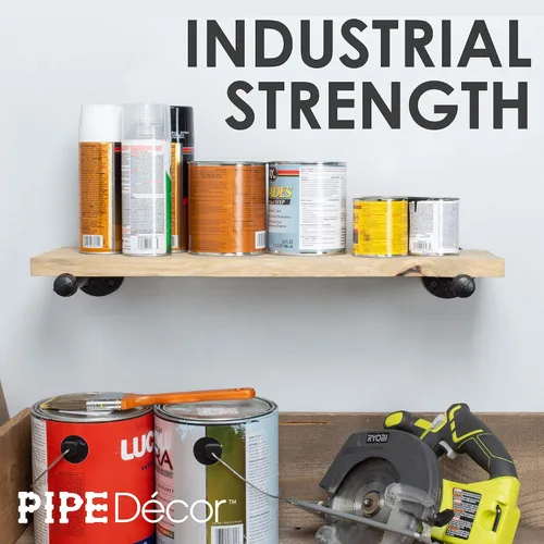Vista 5 de Pipe DÉCOR - Juego de 4 soportes industriales galvanizados de acero negro para estantes colgantes, soporte montado en la pared, pre-sellado y listo