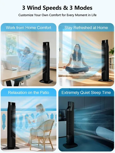 Vista 6 de Uthfy Ventilador de torre para dormitorio, ventilador oscilante de 120° con modo de sueño silencioso, 3 velocidades y 3 modos, temporizador 7.5H