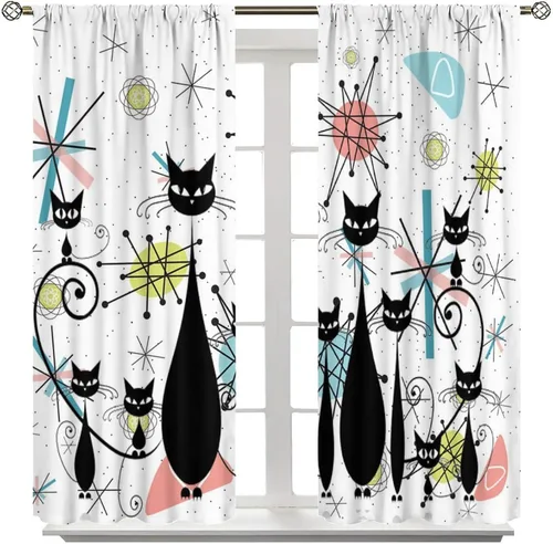 Vista 8 de Cortinas de estilo de mediados de siglo, diseño geométrico abstracto moderno, diseño retro, estampado de gato negro, para dormitorio, sala de estar