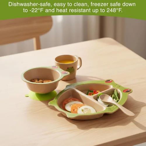 Vista 5 de Refresh-A-Baby Juego de alimentación ecológico de cáscara de arroz para niños, 4 piezas, incluye plato dividido, ventosa, cuchara, taza, sin BPA