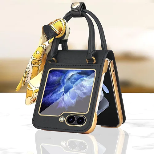 Vista 3 de Funda de cuero prémium para Galaxy Z Flip 6 con agarre de mano y bufanda de seda con correa de muñeca para mujer, funda Z Flip6 con protector