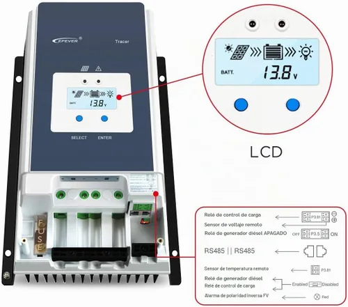 Vista 2 de EPEVER Controlador de carga solar MPPT 50A 12V/24V/36V/48V DC Identificación automática del voltaje del sistema Max.PV 150V Regulador del panel