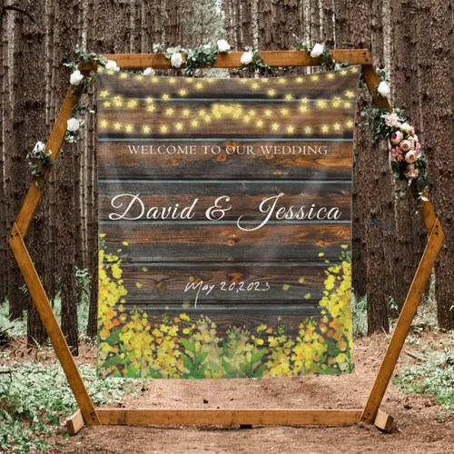 Vista 10 de Telón de fondo de boda personalizado, tapiz de felicitaciones de flores coloridas personalizado con nombres y fecha, pancarta de boda personalizada