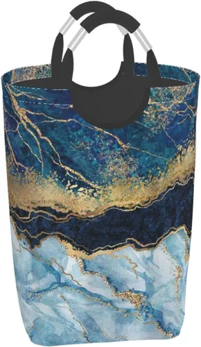 Vista 2 de Cesta de ropa sucia de mármol azul marino con mango de aluminio, cesta de lavandería plegable, cesta de almacenamiento para cuarto de baño