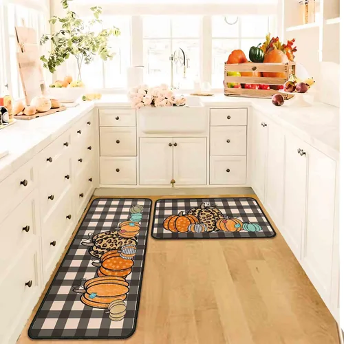 Vista 7 de Juego de 2 alfombras y tapetes de cocina de otoño, alfombras de cocina de Acción de Gracias, con respaldo antideslizante, decoraciones de otoño