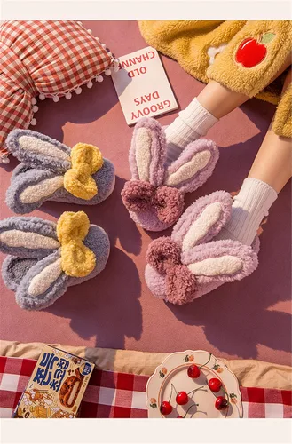 Vista 3 de Pantuflas de algodón de conejo de orejas largas para mujer, pantuflas de invierno para el hogar, pantuflas cálidas de felpa para el hogar, bonitas