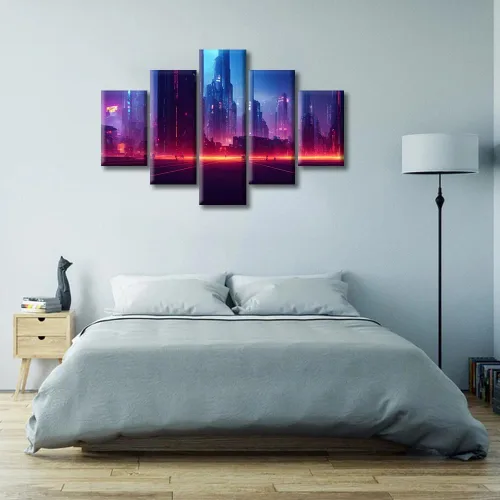 Vista 240 de Cuadros de 5 paneles de Cyberpunk City, arte de pared, representación de vallas publicitarias, edificios modernos en la capital con obras de arte