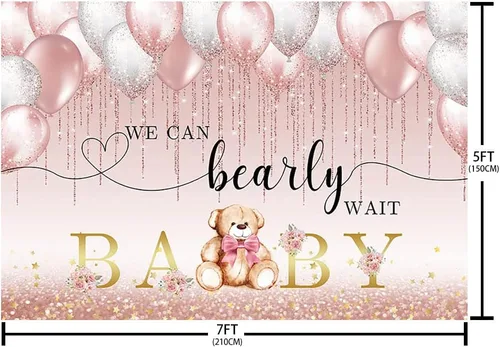 Vista 5 de AIBIIN Telón de fondo para baby shower de oso de 7 x 5 pies para niña, We Can Bearly Wait to Meet You con globos rosados, flores de oro rosa