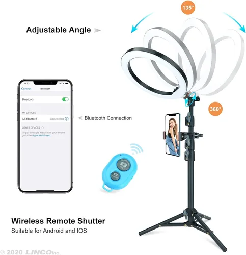 Vista 4 de LINCO Lincostore AM275 - Anillo de luz para selfie de 10 pulgadas con trípode y soporte para teléfono con control remoto Bluetooth para transmisión