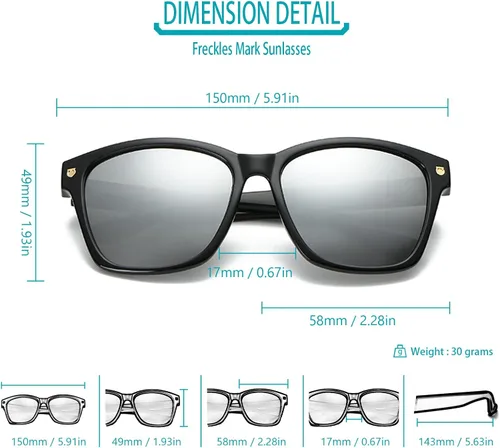 Vista 5 de Freckles Mark Gafas de sol cuadradas grandes vintage para mujer, marco de plástico negro, reflectante transparente