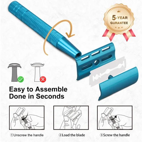 Vista 5 de Maquinilla de afeitar de seguridad azul, navajas de una sola hoja para hombres Reusable Metal Razor, with 10 Platinum Coated Double Edge Blades