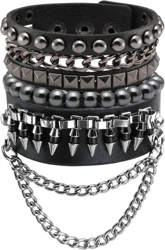 Vista 11 de Pulsera de cuero para hombre y mujer, pulsera punk, pulsera de rock, trenzada, con remaches, pulsera ajustable