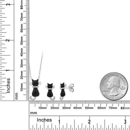 Vista 6 de Gem Stone King Juego de colgante y aretes de plata de ley 925 con circonita negra de gato con cadena de plata de 18 pulgadas, Metal, Circonita cúbica
