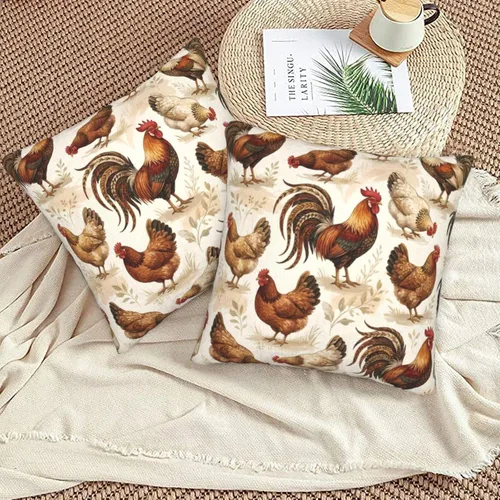 Vista 6 de Perinsto Juego de 2 fundas de almohada de animales de pollo, fundas de almohada decorativas de gallos de granja, fundas de cojín suaves para sofá
