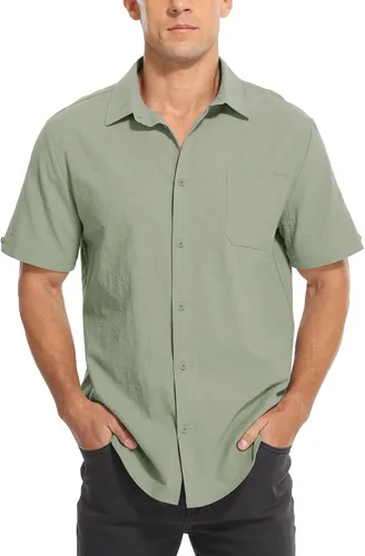 Vista 5 de TUREFACE Camisas casuales con botones para hombre, camisa de vestir de algodón de manga corta