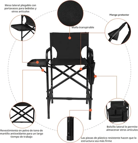 Vista 9 de mefeir Silla de Director de 30" Plegable Negra con Mesa Lateral y Bolsa de Almacenamiento, Altura de Barra Portátil para Artista de Maquillaje