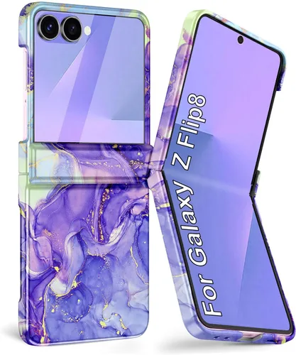 Vista 30 de Btscase Funda para Samsung Galaxy Z Flip 6, protector de pantalla frontal integrado, patrón de mármol dorado con purpurina de policarbonato duro
