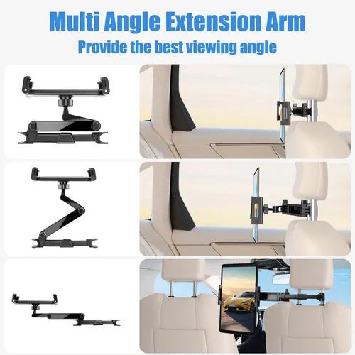 Vista 6 de Soporte para tablet para reposacabezas de automóvil, soporte plegable compatible con iPad de 6 a 13 pulgadas, Air, Mini, Switch, rotación ajustable