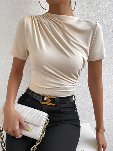 Vista 3 de SweatyRocks Camiseta casual de manga corta con cuello alto falso para mujer, ajustada