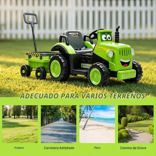 Vista 6 de Tractor de paseo para niños de 12 V con remolque y control remoto de 2.4 G, vehículo eléctrico extragrande con neumáticos EVA, música Bluetooth Verde