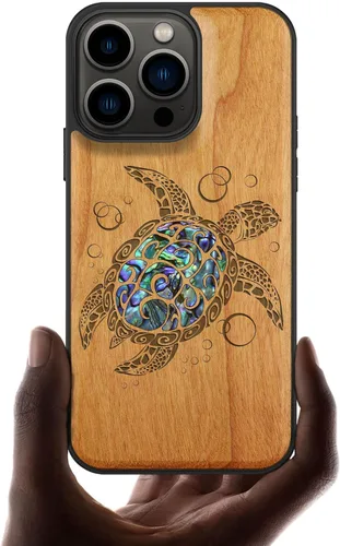 Vista 17 de Carveit Funda protectora de madera de diseñador para iPhone 13 Pro, cubierta magnética, grabado en madera e incrustaciones de concha, funda