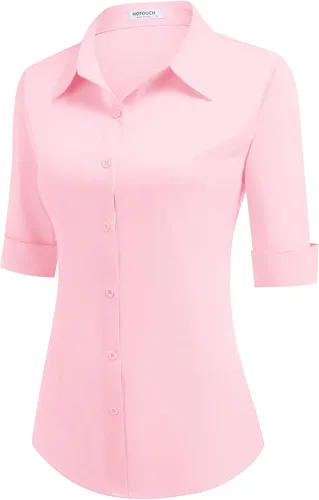 Vista 7 de HOTOUCH Camisa de manga 3/4 con botones para mujer, blusas de trabajo ajustadas, camisas de vestir de algodón, camisas de oficina Negro