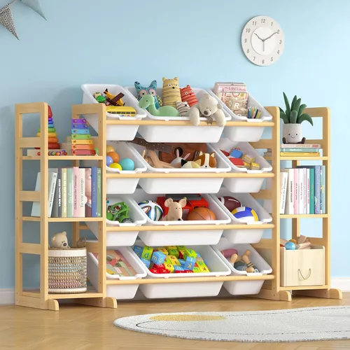 Vista 8 de Organizador grande de almacenamiento de juguetes para niños, organizador de juguetes y estantería combinada con 12 contenedores y 6 estantes, caja