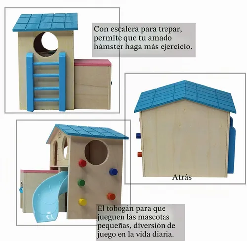 Vista 3 de kathson Hamster House Pets - Escondite de animales pequeños con divertida escalera de escalada tobogán de madera, juguetes masticables para animales
