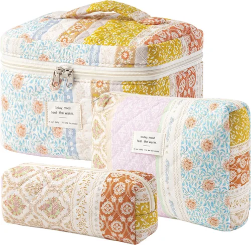 Vista 17 de HBselect Bolsa de Maquillaje Acolchada, 3 Piezas de Gran Bolsa de Maquillaje de Viaje de Algodón, Linda Bolsa de Maquillaje Floral Coquette, Bolsa