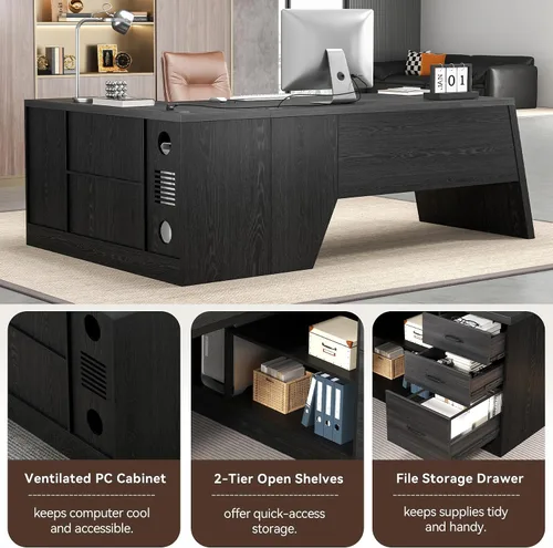 Vista 6 de Epecoya Escritorio ejecutivo en forma de L de 78 pulgadas, escritorio grande y moderno para oficina en casa con cajón y gestión de sujeción