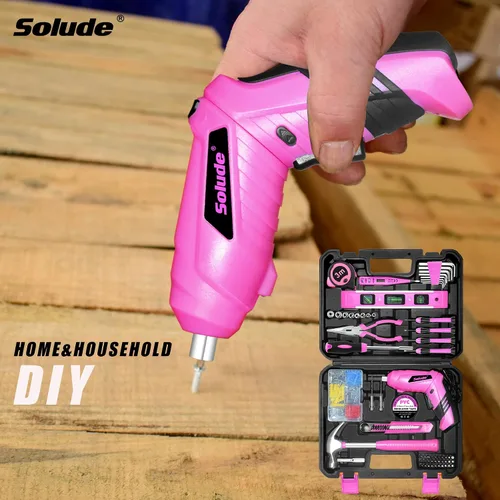 Vista 6 de Juego de herramientas rosa, juego de 130 piezas para el hogar para mujeres con destornillador recargable inalámbrico de 3.6V, juego básico