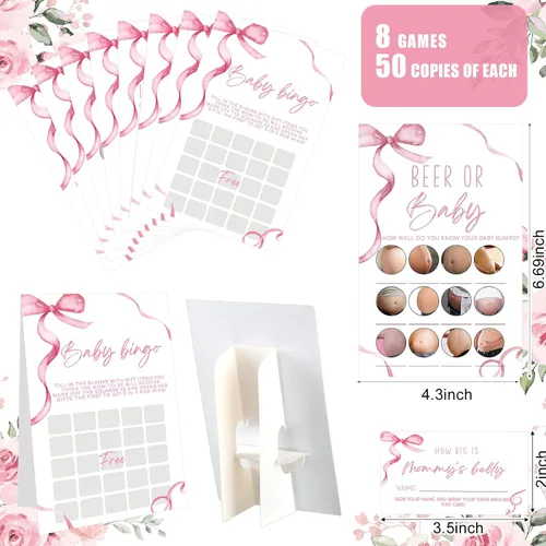 Vista 2 de Honoson 279 piezas de juegos de baby shower rosa con moño para 50 invitados, incluyen 8 juegos: Baby Shower Bingo, Price Is Right, Mommy or Daddy