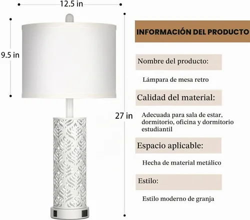 Vista 6 de Cinkeda - Juego de 2 lámparas de mesa rústicas para sala de estar, dormitorio, lámpara de mesita de noche de estilo granja vintage con 2 puertos